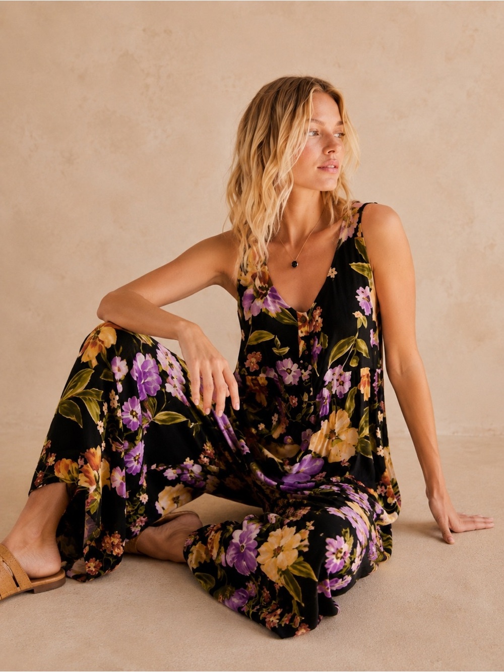 Wide Leg Floral Romper Black Purple Sleeveless Size S ODDY NWT